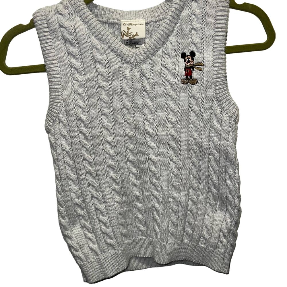 Disney Mickey Mouse Holiday V Neck Cable Knit Sweater Vest Light Gray Boys 5/6